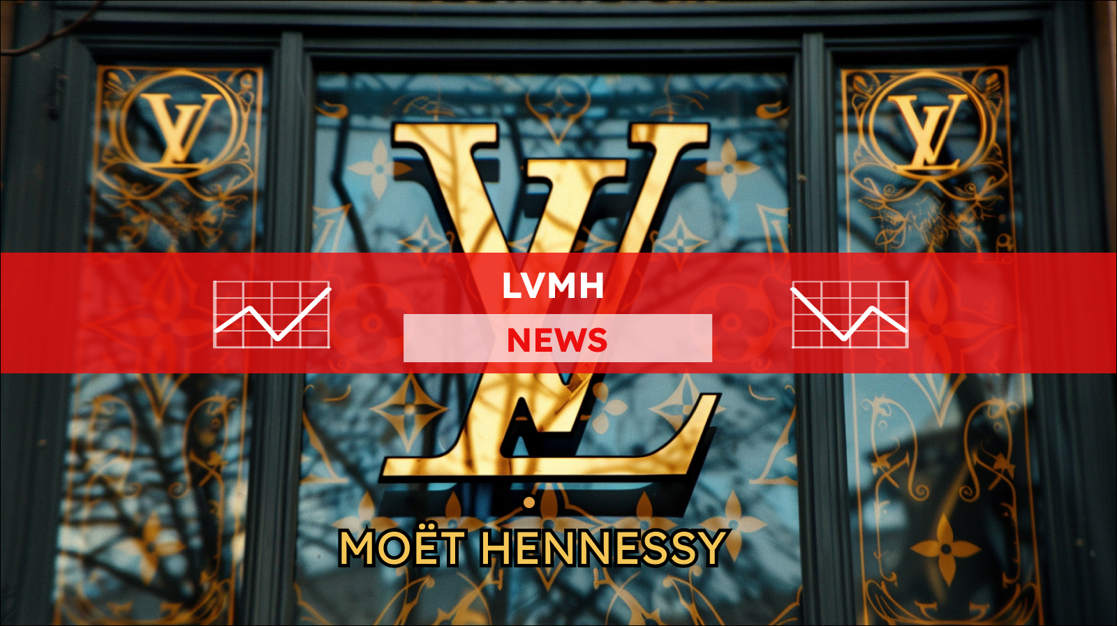 Eine goldene Logo von Louis Vuitton auf einem Fenster mit dekorativen Mustern, mit der Aufschrift Moët Hennessy darunter, mit einem LVMH NEWS Banner