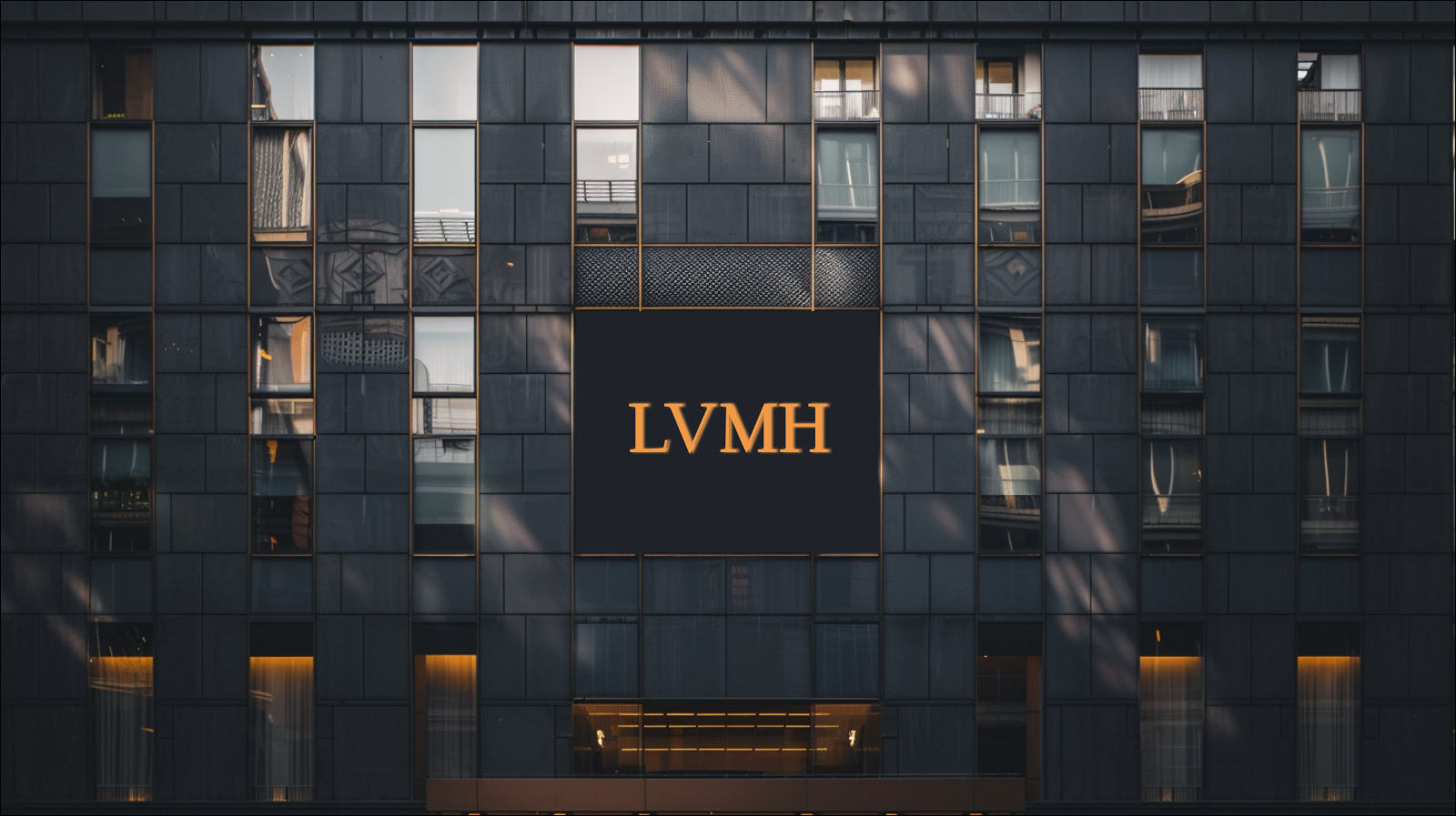 das dunkle Fassade eines Gebäudes mit einem großen, beleuchteten Schild mit der LVMH Aufschrift