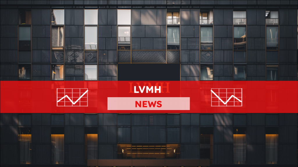 das dunkle Fassade eines Gebäudes mit einem großen, beleuchteten Schild mit der LVMH Aufschrift, mit einem LVMH NEWS Banner