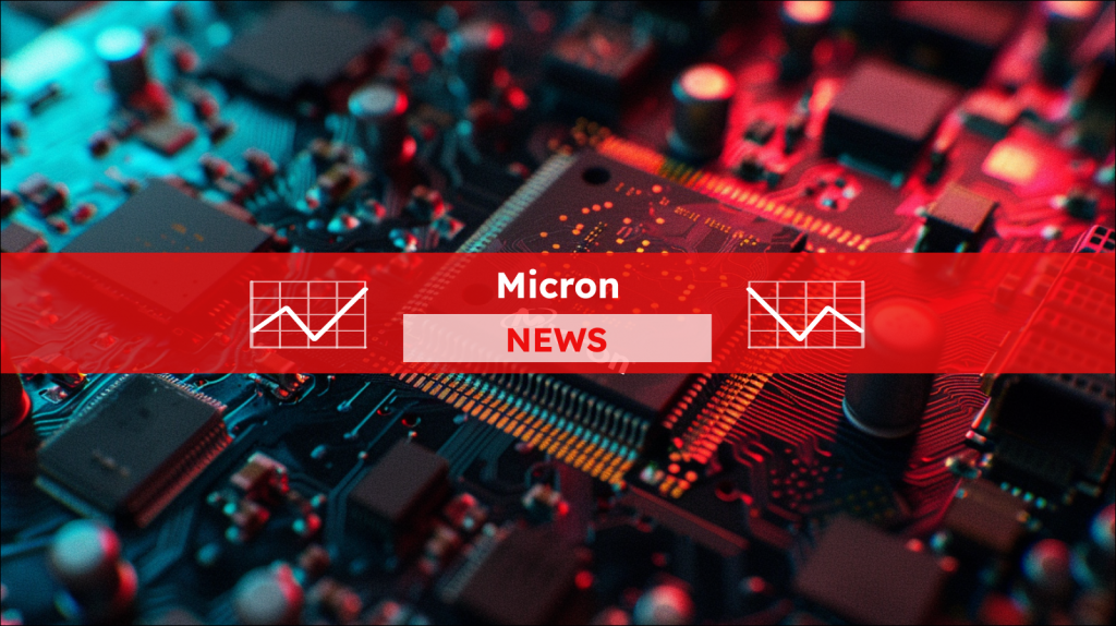 Ein Micron-Speicherchip mit farbigen Pins, mit einem Micron NEWS Banner