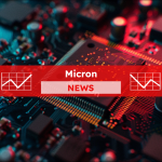 Ein Micron-Speicherchip mit farbigen Pins, mit einem Micron NEWS Banner