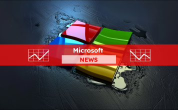 Logo in leuchtenden Farben, das auf einer dunklen Oberfläche, mit einem Microsoft NEWS Banner