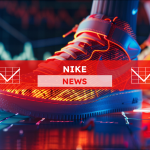 Ein leuchtender Nike-Sportschuh im Vordergrund, mit einer Börsendiagrammanzeige im Hintergrund, mit einem NIKE NEWS Banner