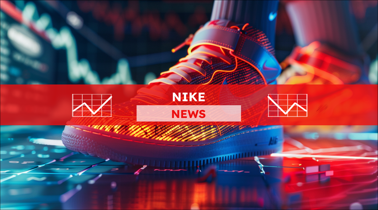 Ein leuchtender Nike-Sportschuh im Vordergrund, mit einer Börsendiagrammanzeige im Hintergrund, mit einem NIKE NEWS Banner