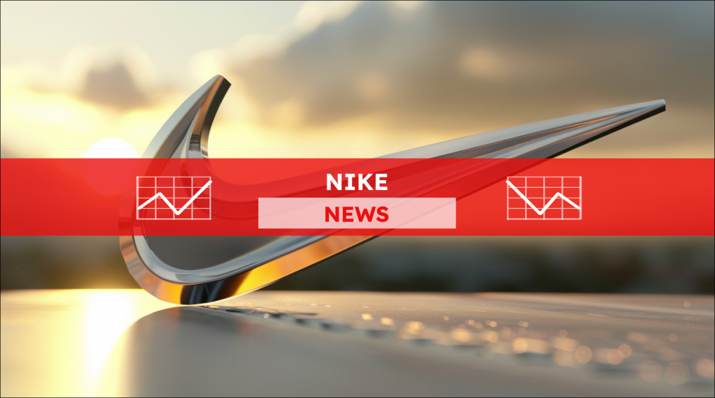 Ein Nike-Logo vor einem verschwommenen Sonnenuntergangshintergrund, mit einem NIKE NEWS Banner