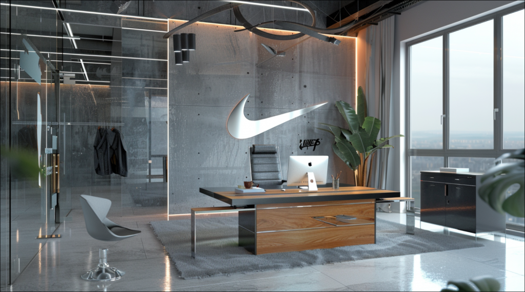 Ein modernes Büro mit einem großen Nike-Logo an der Wand, einem Schreibtisch mit einem Computer und Blick durch ein Fenster.