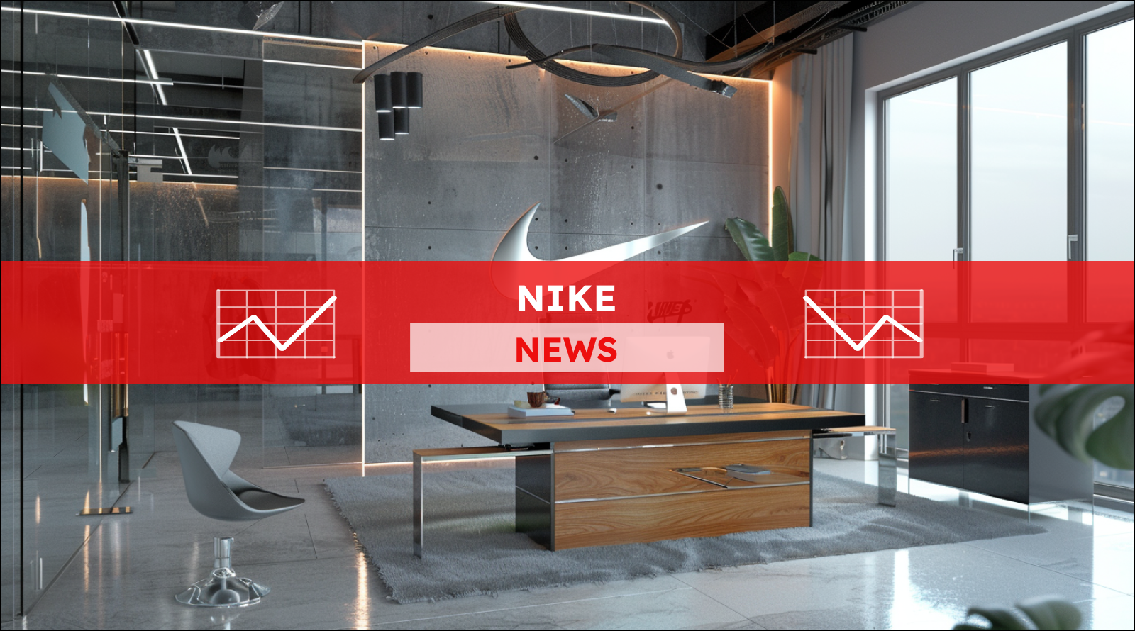 Ein modernes Büro mit einem großen Nike-Logo an der Wand, einem Schreibtisch mit einem Computer und Blick durch ein Fenster, mit einem NIKE NEWS Banner