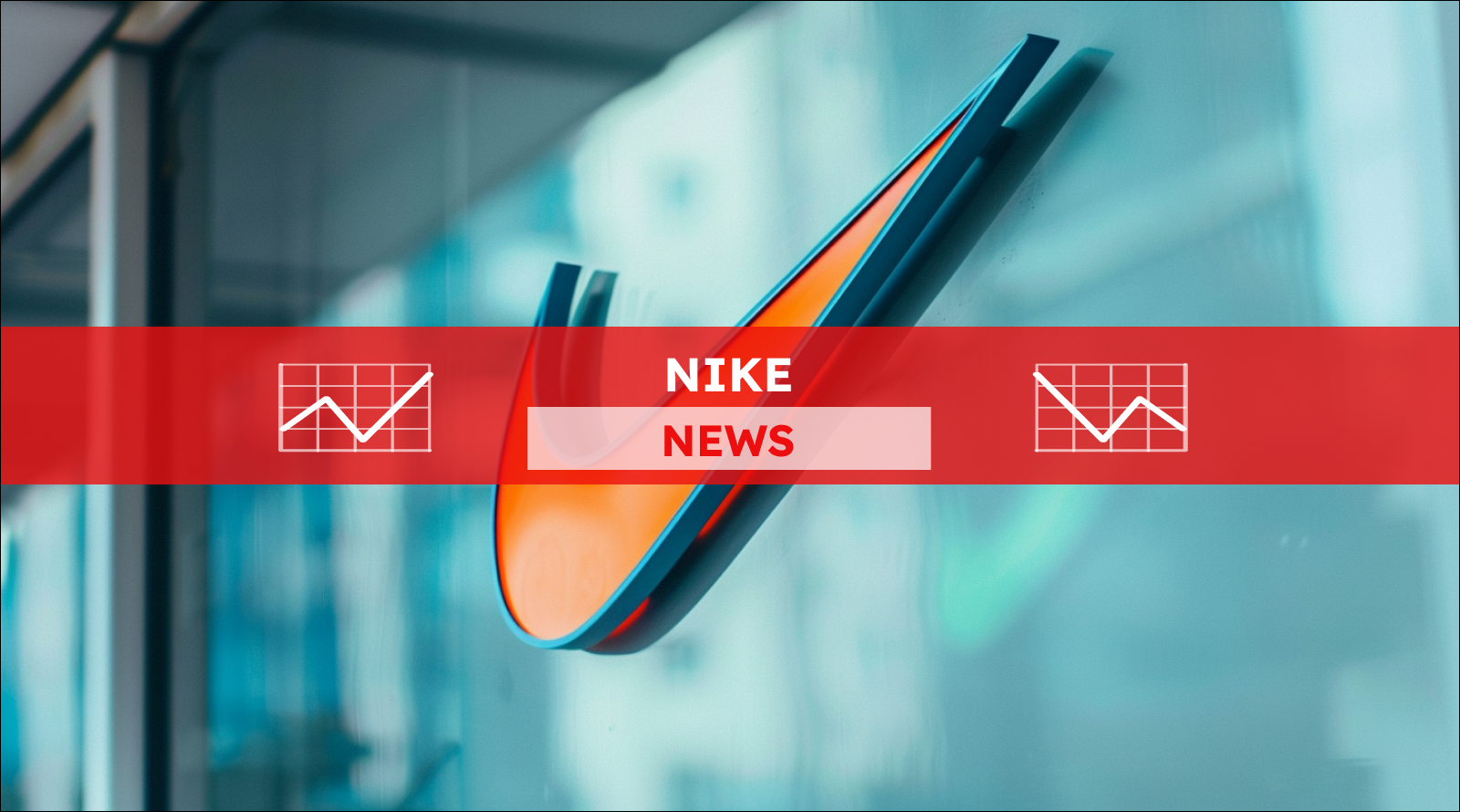 Ein stilisiertes, an einer gläsernen Wand Nike-Logo in Blau und Orange, mit einem NIKE NEWS Banner