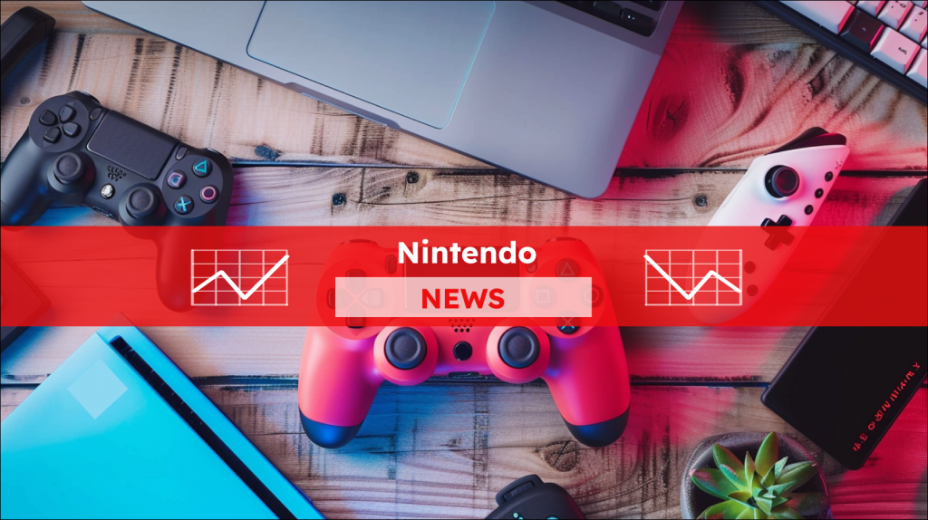 moderne Spielekonsolen am Schreibtisch, mit einem Nintendo NEWS Banner