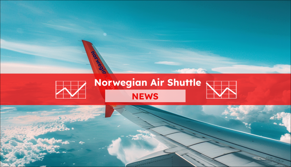 die Flügelspitze eines Flugzeugs mit dem Schriftzug norwegian.com und einem markanten roten Endteil, das gegen einen klaren Himmel und weiße Wolken abgehoben ist, mit einem Norwegian Air Shuttle NEWS Banner