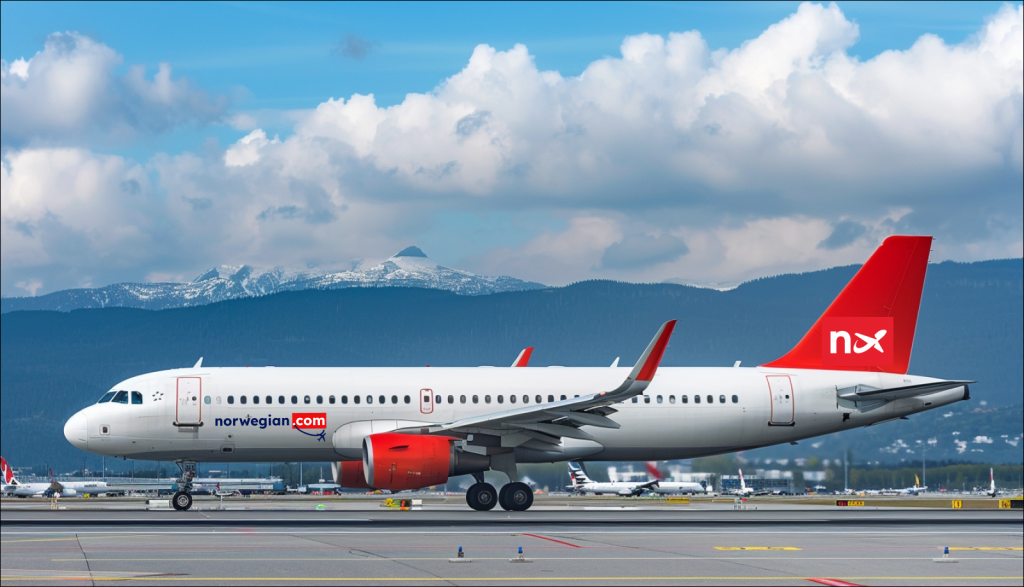 Ein Passagierflugzeug auf dem Rollfeld mit dem Schriftzug norwegian.com auf dem Rumpf, im Hintergrund sind blauer Himmel und schneebedeckte Berge.