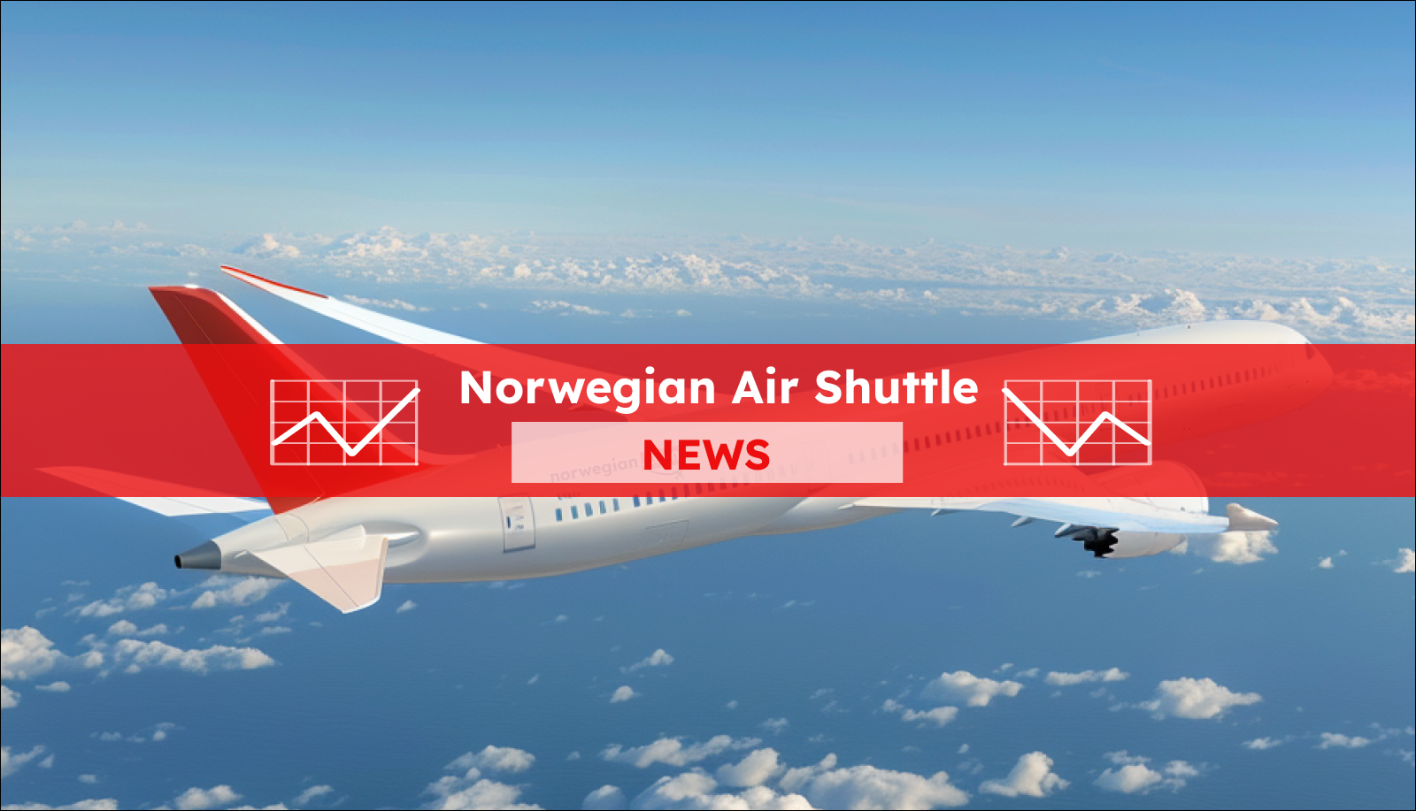 Ein Flugzeug in der Luft mit dem Schriftzug norwegian.com auf dem Rumpf, rotem Heck und Flügelspitzen, das über den Wolken fliegt, mit einem Norwegian Air Shuttle NEWS Banner