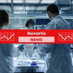 Forscher in weißen Labormänteln arbeiten konzentriert an Experimenten in einem modernen Labor, mit einem Novartis NEWS Banner