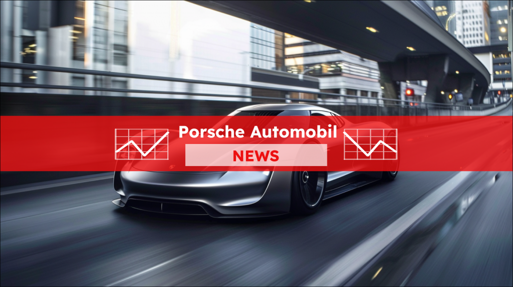 Ein grauer Sportwagen von Porsche, der mit hoher Geschwindigkeit auf einer städtischen Straße fährt, mit einem Porsche Automobil NEWS Banner