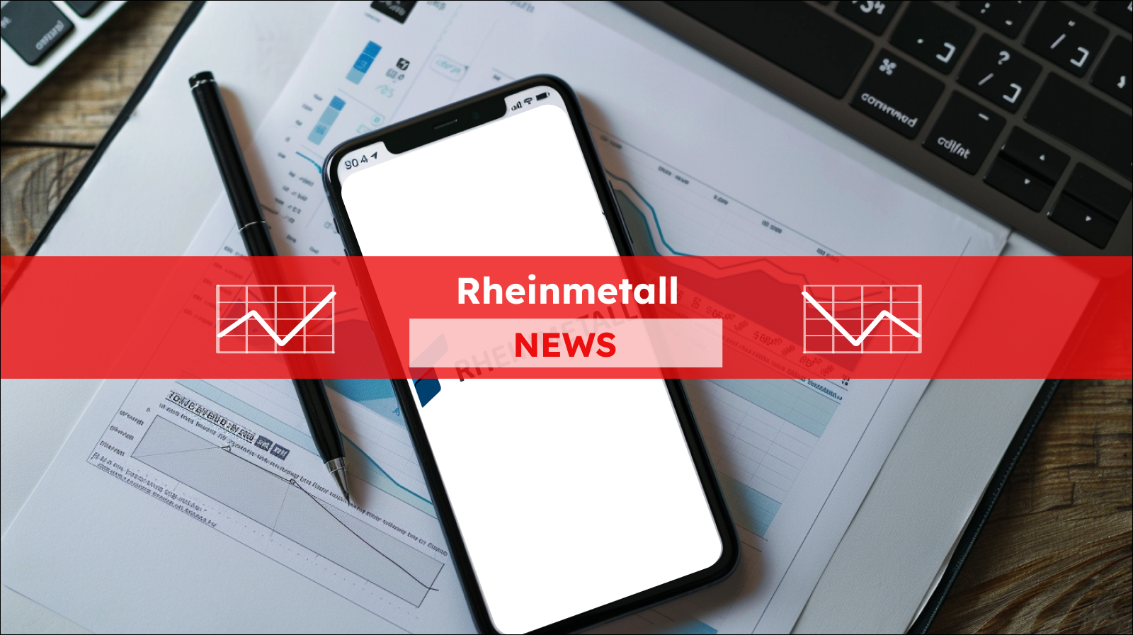 Ein Arbeitsplatz mit einem Smartphone, auf dessen Display das Logo von RHEINMETALL, neben Papieren mit Diagrammen, mit einem Rheinmetall NEWS Banner