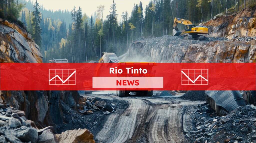 Große Baumaschinen arbeiten in einem Tagebau mit Wald und Bergen im Hintergrund, mit einem Rio Tinto NEWS Banner