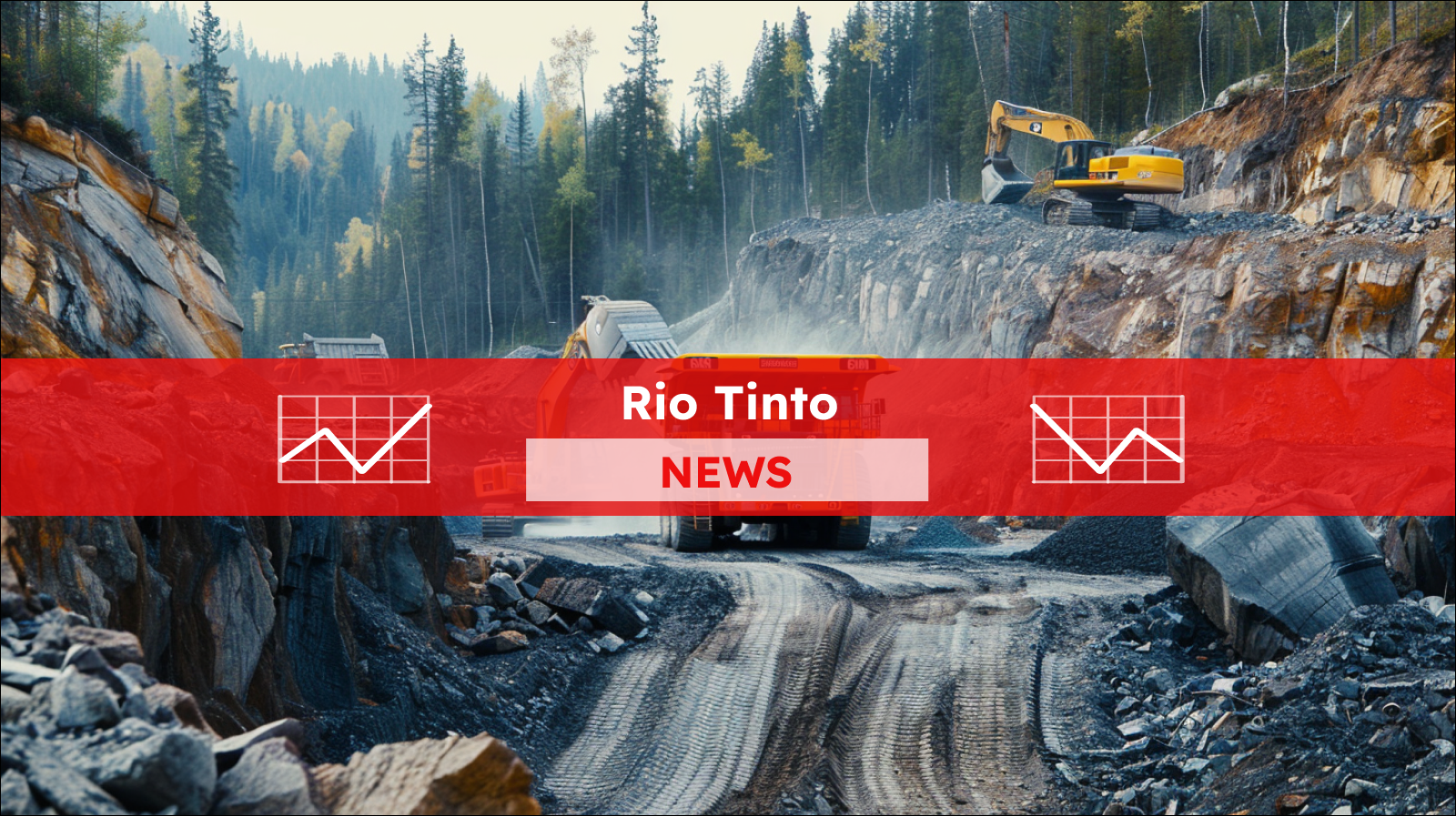 Große Baumaschinen arbeiten in einem Tagebau mit Wald und Bergen im Hintergrund, mit einem Rio Tinto NEWS Banner