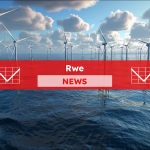 Ein Offshore-Windpark mit zahlreichen Windkraftanlagen im Meer, mit einem Rwe NEWS Banner.