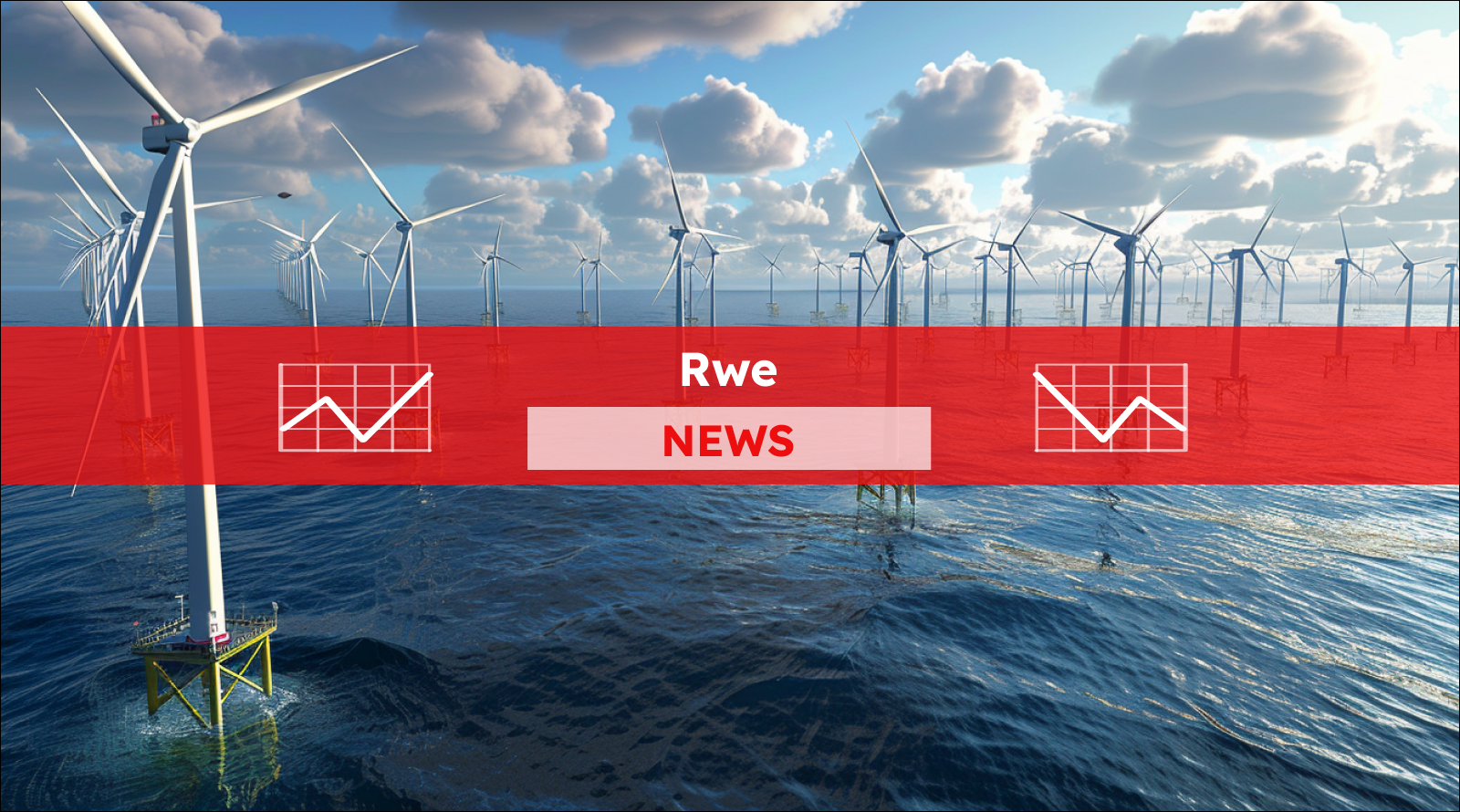 Ein Offshore-Windpark mit zahlreichen Windkraftanlagen im Meer, mit einem Rwe NEWS Banner.