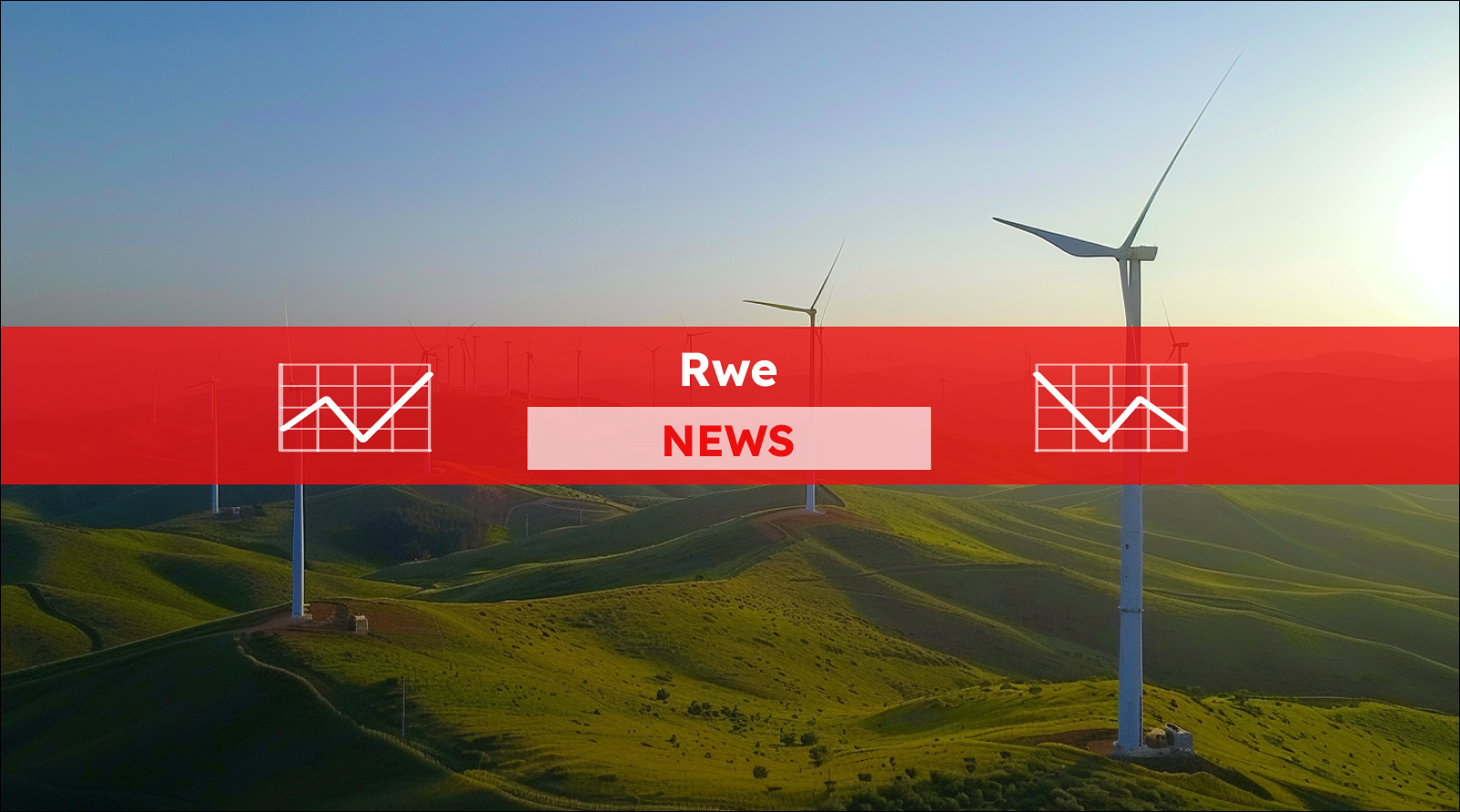 Ein Windpark auf dem Feld, mit einem Rwe NEWS Banner.