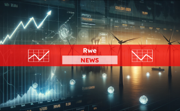 Einige Elemente eines Finanzdiagramms und Windkraftanlagen, mit einem Rwe NEWS Banner.