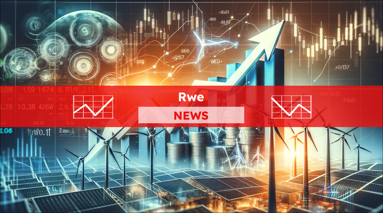 Eine dynamische Kombination aus Wirtschaftsgrafiken, Münzstapeln und Windturbinen, die den Energie- und Finanzsektor symbolisieren, mit einem Rwe NEWS Banner.