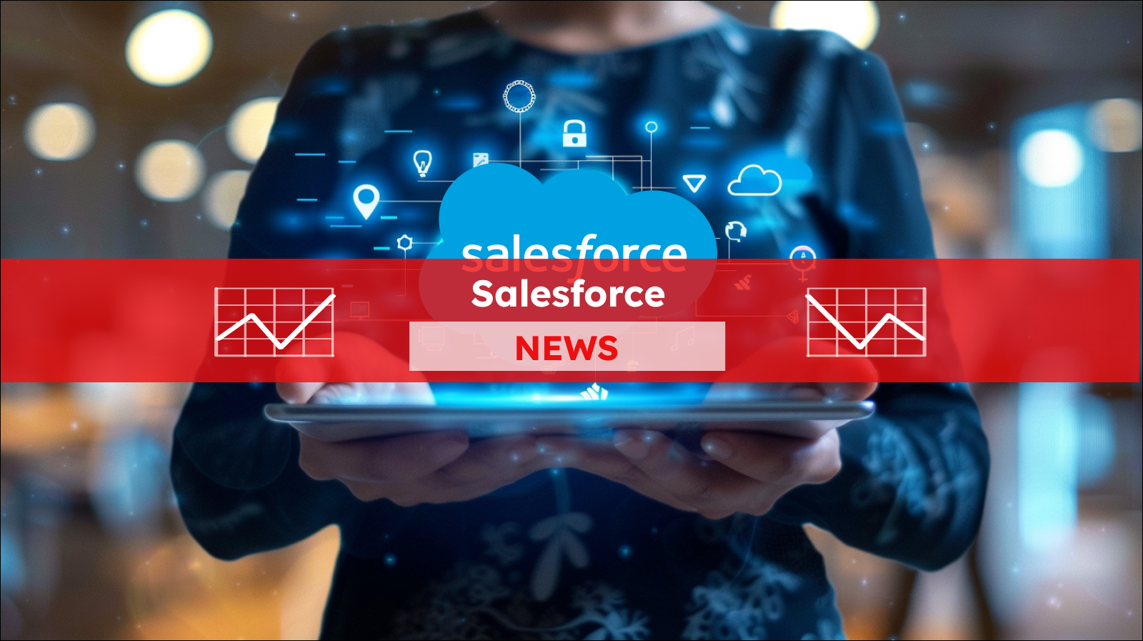 Eine Person hält ein Tablet, aus dem das Salesforce-Logo und digitale Symbole holographisch erscheinen, mit einem Salesforce NEWS Banner