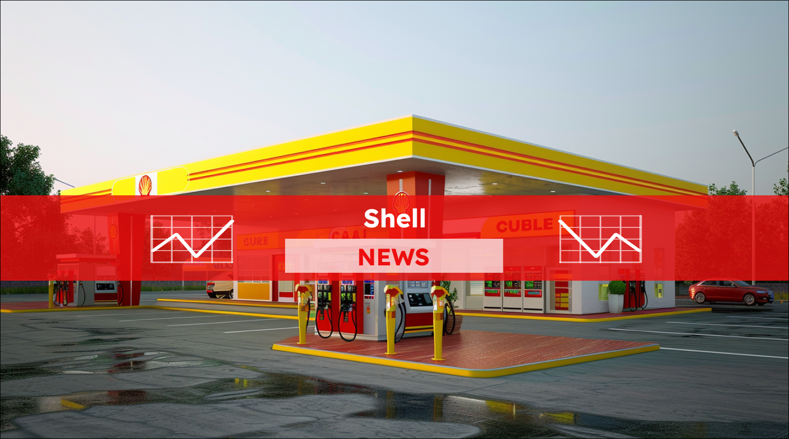 Eine Tankstelle mit Shell-Logo, mit einem Shell NEWS Banner.