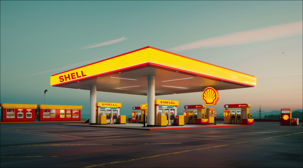 Eine Tankstelle mit Shell-Logo, mit einem Shell NEWS Banner.