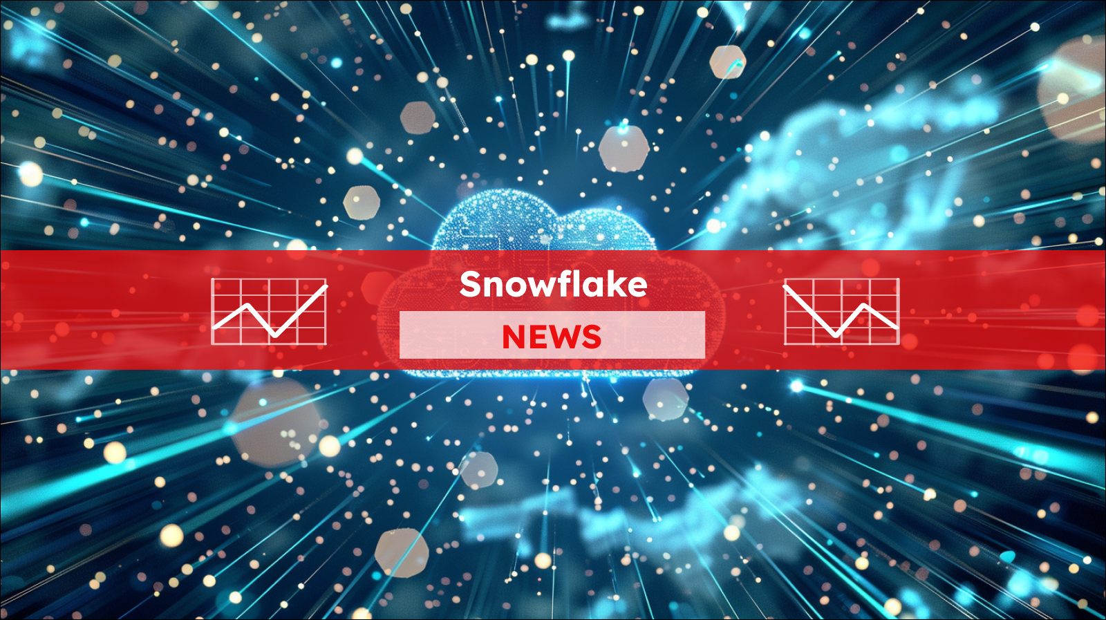 Eine Wolke als Symbol für Cloud-Computing, umgeben von leuchtenden Datenströmen und Lichtpunkten im Cyberspace,  mit einem Snowflake NEWS Banner