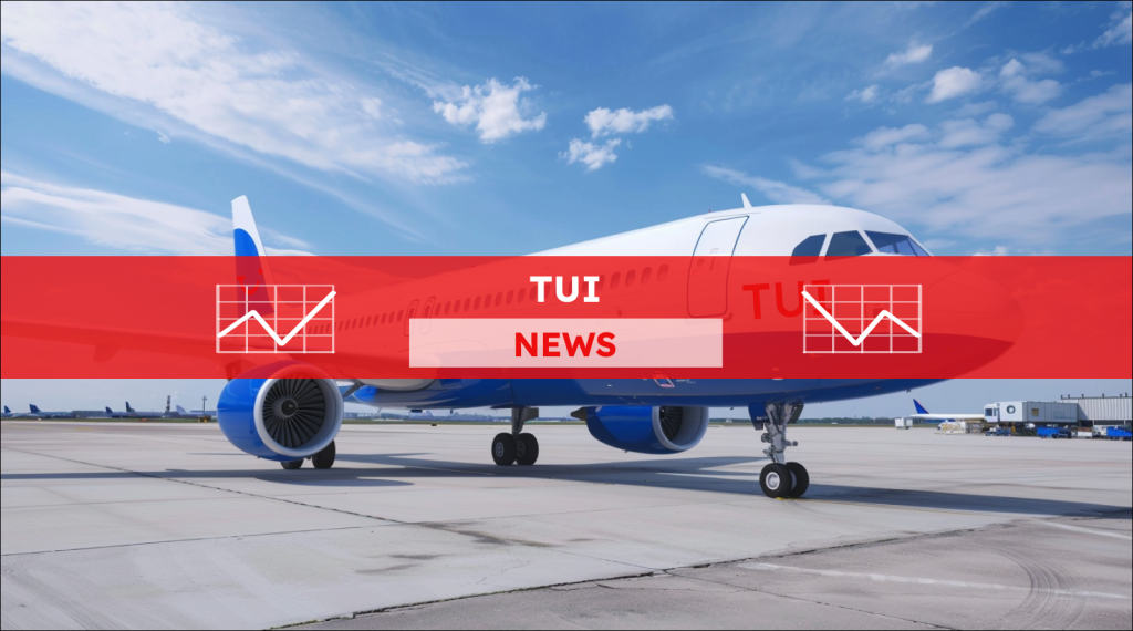 Flugzeug von TUI im Flughafen, mit einem TUI NEWS Banner.