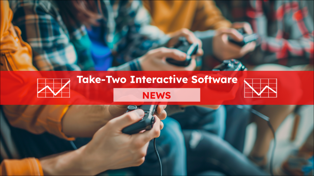 Eine Gruppe von Menschen hält Gamecontroller in der Hand und spielt gemeinsam Videospiele, mit einem Take-Two Interactive Software NEWS Banner