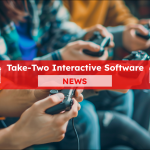 Eine Gruppe von Menschen hält Gamecontroller in der Hand und spielt gemeinsam Videospiele, mit einem Take-Two Interactive Software NEWS Banner