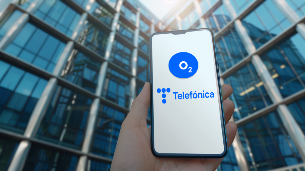 Ein Smartphone mit den Logos von O2 und Telefónica auf dem Bildschirm vor einem modernen Glasgebäude 