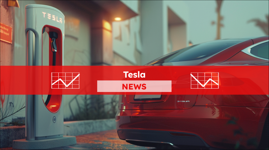 ein rotes Tesla-Elektroauto, das an einer Tesla-Ladestation im Zwielicht geparkt ist, mit einem Tesla NEWS Banner