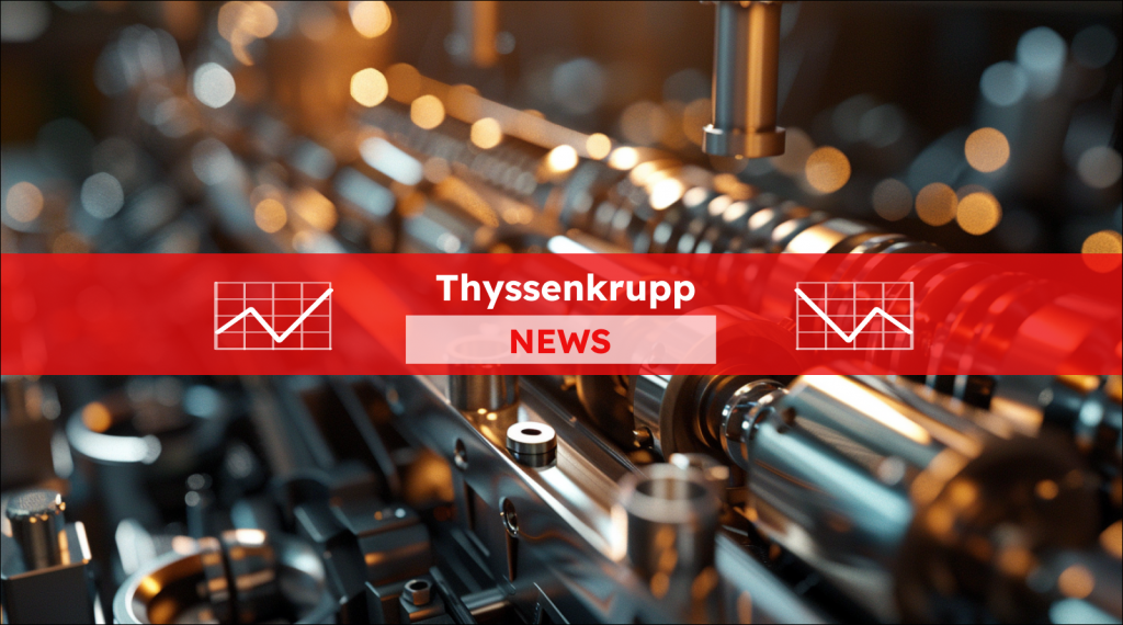 eine Nahaufnahme von glänzenden metallischen Maschinenteilen, mit einem Thyssenkrupp NEWS Banner.