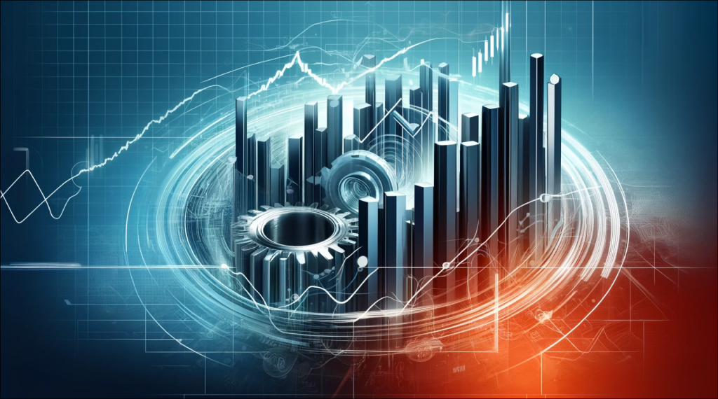 Eine abstrakte Darstellung von mechanischen Zahnrädern und steigenden Finanzdiagrammen