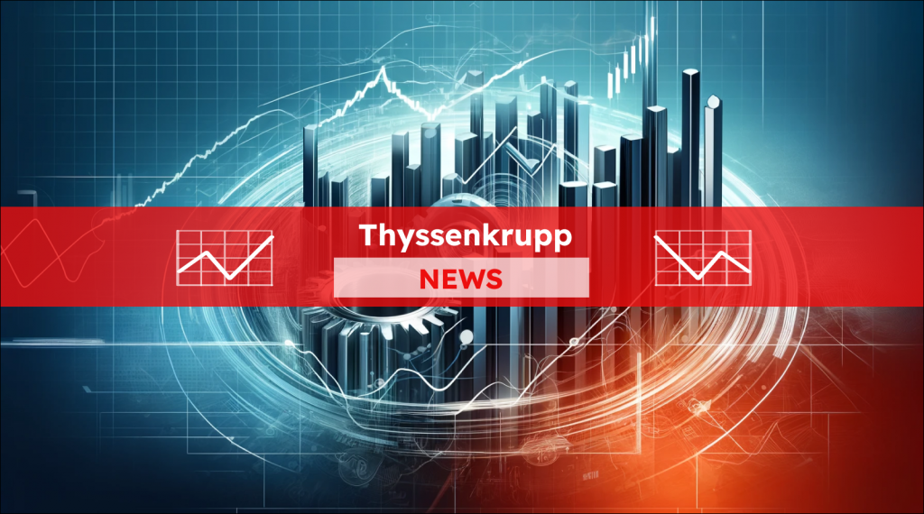 Eine abstrakte Darstellung von mechanischen Zahnrädern und steigenden Finanzdiagrammen, mit einem Thyssenkrupp NEWS Banner.