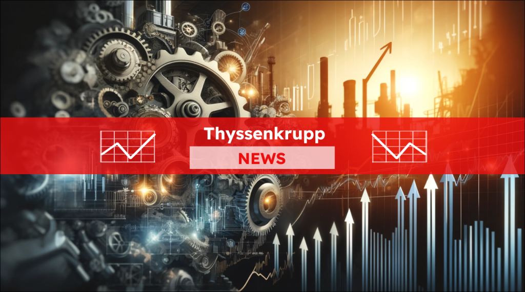 Eine Verschmelzung von Maschinengetrieben mit Finanzdiagrammen, mit einem Thyssenkrupp NEWS Banner.