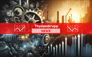 Eine Verschmelzung von Maschinengetrieben mit Finanzdiagrammen, mit einem Thyssenkrupp NEWS Banner.