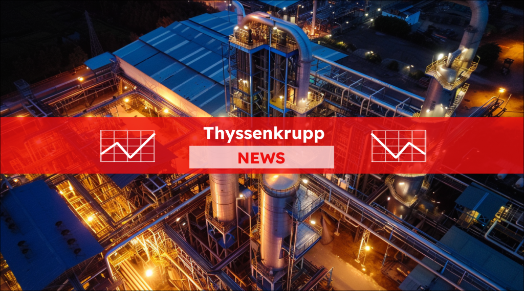 eine nächtliche Ansicht einer beleuchteten Industrieanlage, mit einem Thyssenkrupp NEWS Banner.