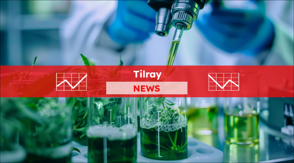 Cannabisproben in Bechern zur Untersuchung im Labor, mit einem Tilray NEWS Banner.