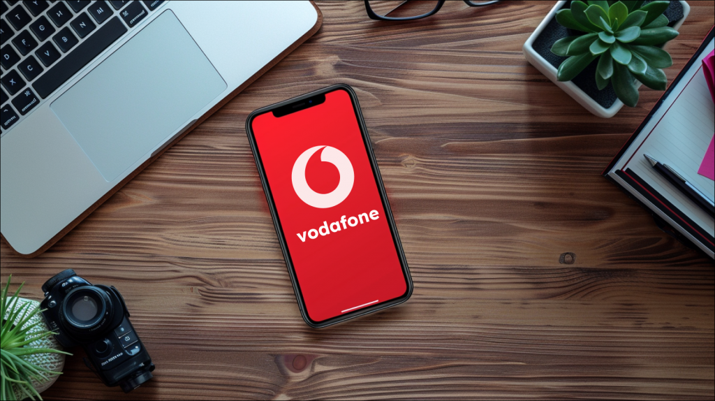 Ein Smartphone mit dem Vodafone-Logo auf dem Bildschirm liegt neben einem Laptop, einer Kamera und anderen Bürogegenständen auf einem Holztisch.