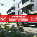 Ein weißes Auto auf einer Straße in einer modernen Wohngegend mit üppigem Grün, mit einem Volkswagen NEWS Banner