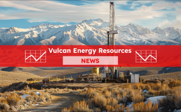 Ein Bohrturm steht im Vordergrund einer weiten Landschaft mit schneebedeckten Bergen im Hintergrund, mit einem Vulcan Energy Resources NEWS Banner