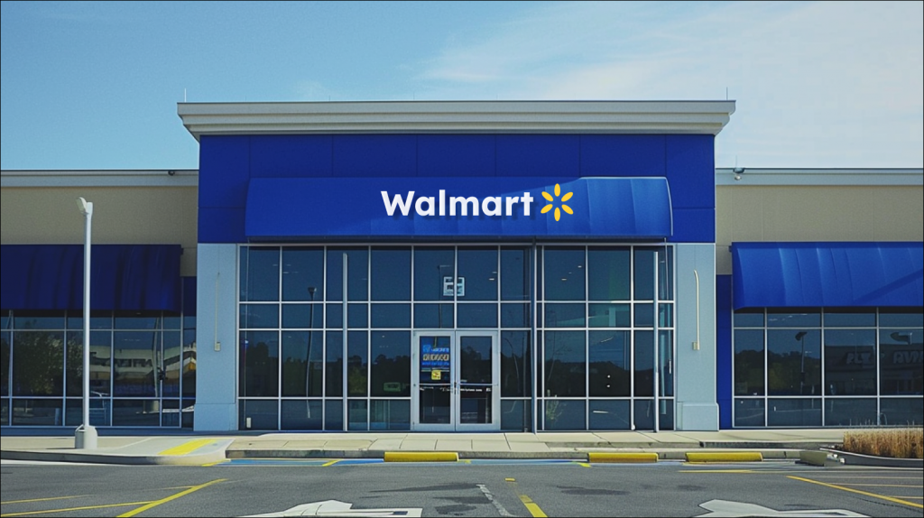 die Fassade eines Walmart-Geschäfts mit großem blauen Schild und Firmenlogo, klarem Himmel im Hintergrund