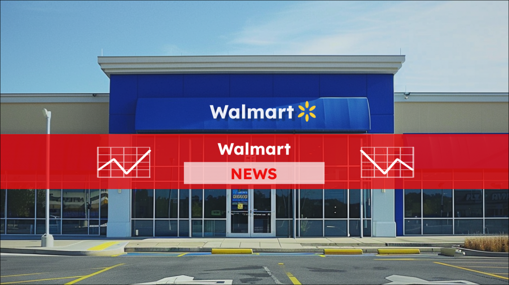 die Fassade eines Walmart-Geschäfts mit großem blauen Schild und Firmenlogo, klarem Himmel im Hintergrund, mit einem Walmart NEWS Banner