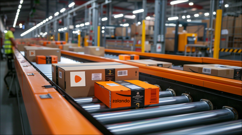 Pakete von Zalando, die auf Förderbändern in einem Logistikzentrum transportiert werden.