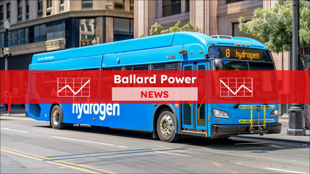 blauer Bus mit der Aufschrift Wasserstoff an der Seite, mit einem Ballard Power NEWS Banner 