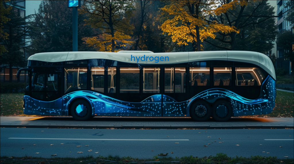 weiß-blauer Wasserstoffbus auf der Straße